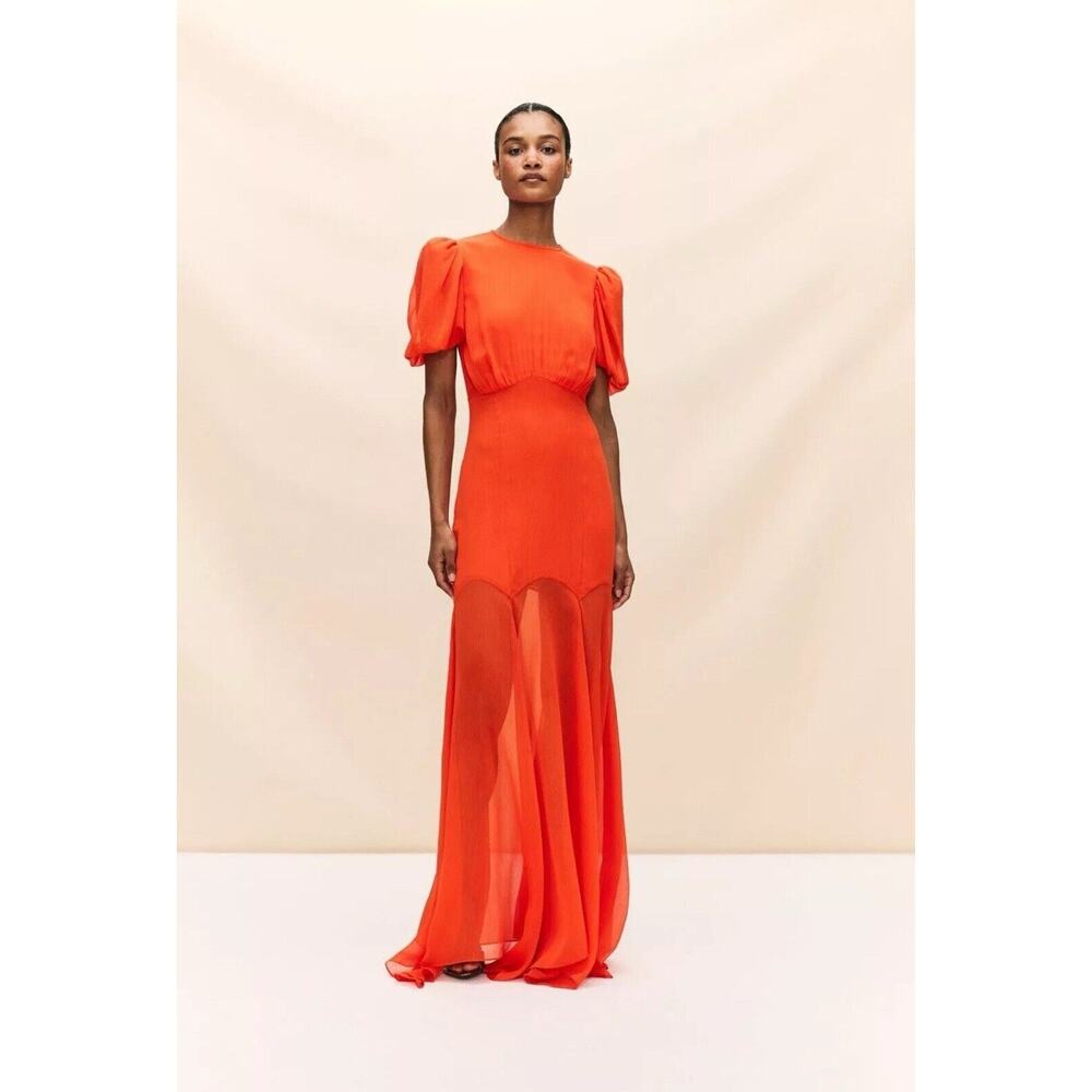 De La Vali Womens Aqua Gown Red Puff Sleeve Maxi UK 8 US 4